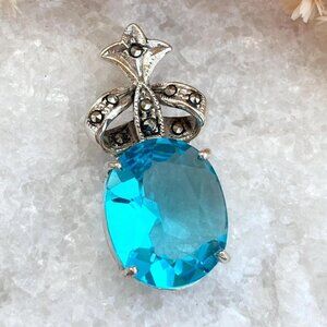 Oval Shaped Blue Topaz Art Deco Sterling Silver Vintage 925 Pendant | Charm